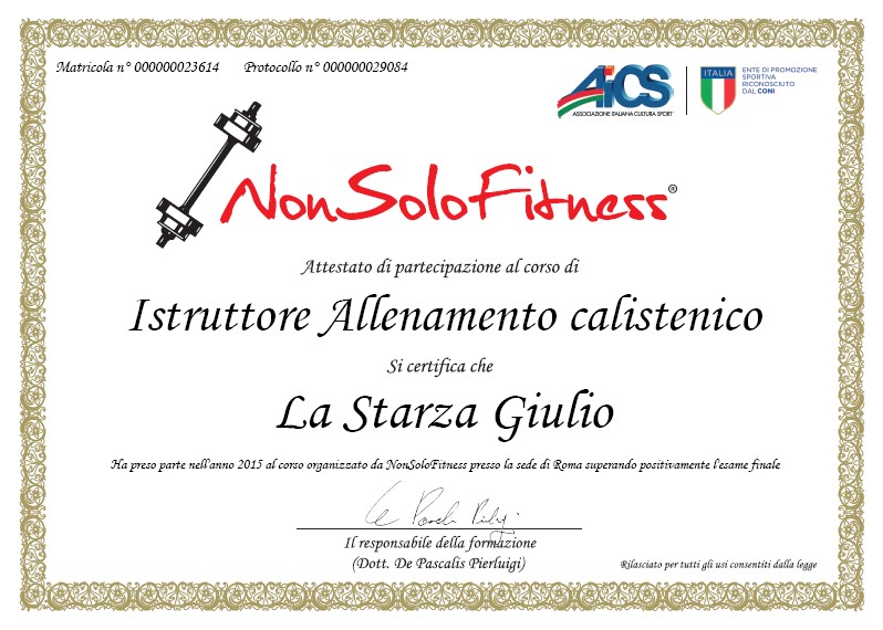 Certificazione Allenamento Calistenico - Giulio La Starza Personal Trainer Roma Nord